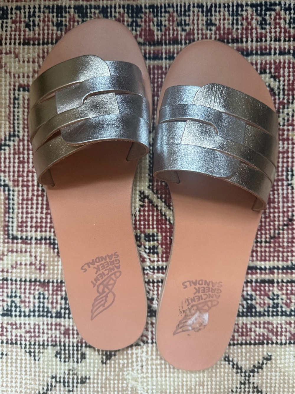 Ancient Greek Sandals Metallic Leather Slides Size 42